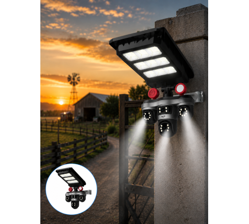 Güneş Enerjili 3 Lens Akıllı Güvenlik Kamerası LED Projektörlü Dış Mekan Koruma Sistemi