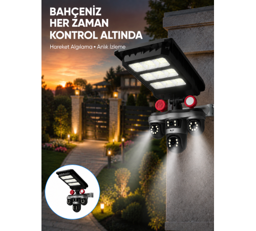 Güneş Enerjili 3 Lens Akıllı Güvenlik Kamerası LED Projektörlü Dış Mekan Koruma Sistemi