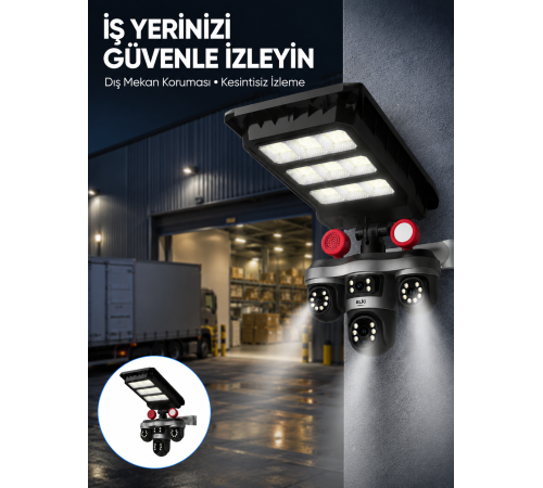 Solar Panelli 3 Lens Dış Mekan Güvenlik Kamerası Hareket Algılamalı LED Aydınlatmalı