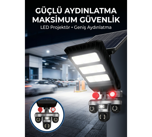 Güneş Enerjili Kablosuz Dış Mekan Güvenlik Kamerası Gece Görüşlü LED Projektörlü