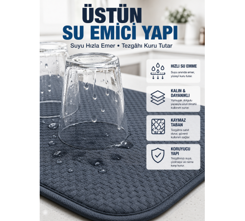Katlanabilir Bulaşık Kurutma Matı Hızlı Kuruyan Su Emici Mutfak Matı