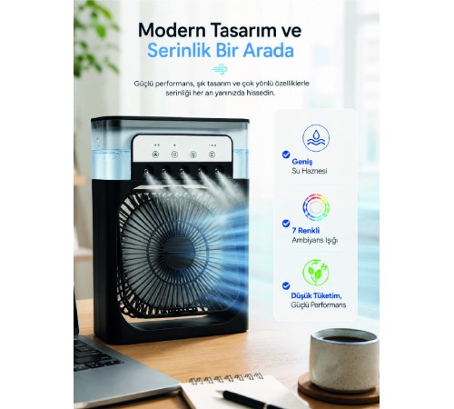 Masaüstü Püskürtmeli Serinletici Fan 5 Sisleme, 3 Fan Hızı, 7 Renk Ambiyans Işığı