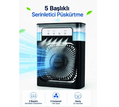 Modern Püskürtmeli Masaüstü Fan Geniş Su Haznesi, 5 Sis Çıkışı, 3 Kademe Fan Gücü
