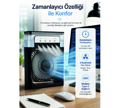 Su Hazneli Püskürtmeli Fan 1-3-5 Püskürtme Seçeneği, Type-C Güç Girişi