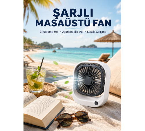 Şarjlı Masaüstü Fan 3 Kademeli Hız Ayarlı Güçlü Hava Akışı