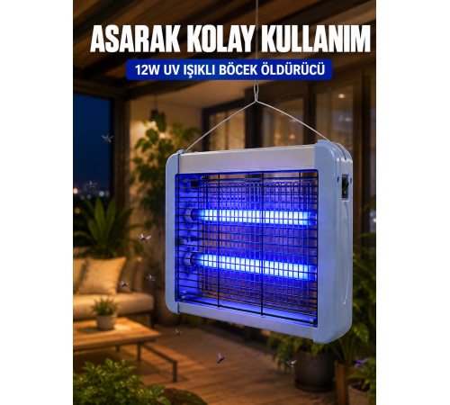 UV Işıklı Sinek Öldürücü Lamba 12W Çift Tüplü Elektrikli Böcek Öldürücü