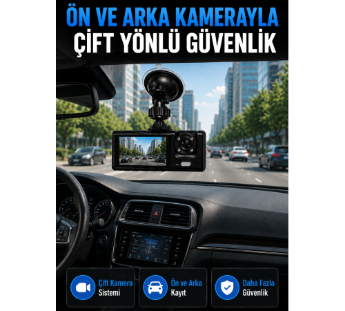 WiFi Çift Kameralı Araç İçi Kayıt Kamerası 1080P Full HD 170° Geniş Açılı Araç Kamerası