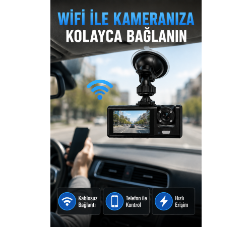 Çift Kameralı WiFi Araç Kamerası 170° Geniş Açı Full HD Araç İçi Kayıt Sistemi