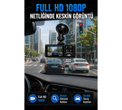 Araç İçi Kayıt Kamerası 1080P Full HD WiFi Destekli Ön ve Arka Kameralı Araç Kamerası