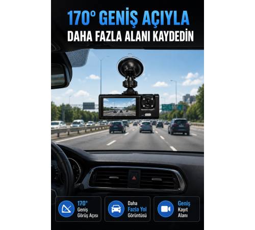 WiFi Destekli Araç İçi Kamera Çift Kameralı Full HD 1080P 170° Geniş Açılı Araç Kayıt Kamerası