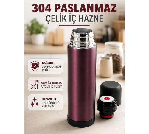 Paslanmaz Çelik Seyahat Termosu Tek Tuşlu Vakumlu Kahve ve Çay Termosu
