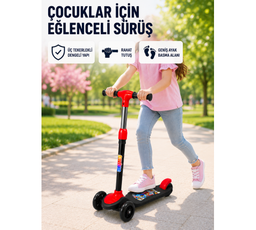 Çocuk Scooterı 3 Tekerlekli Denge Destekli Ayarlanabilir Gidonlu Çocuk Skuteri