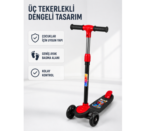 Çocuk Skuteri 3 Tekerlekli Geniş Basma Alanlı Ayarlanabilir Boy Scooter