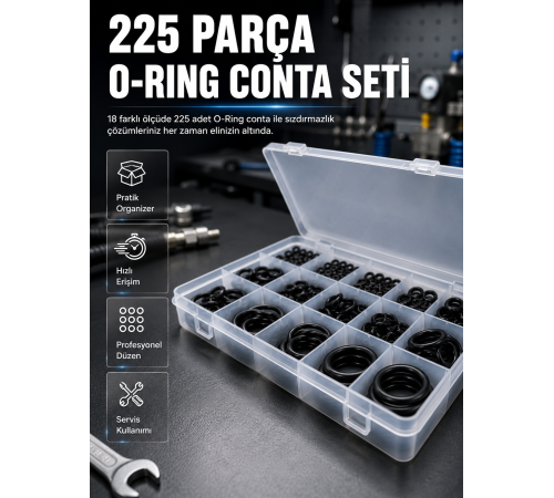 225 Parça O-Ring Conta Seti 18 Farklı Ölçü Kauçuk Sızdırmazlık Conta Organizer Kutulu