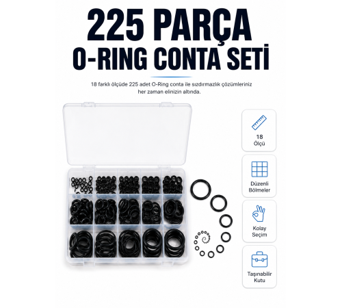 225 Parça Profesyonel O-Ring Conta Kiti Su, Yağ ve Hava Sızdırmazlık Tamir Seti