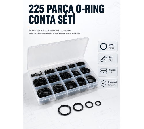 225 PCS O-Ring Conta Seti Profesyonel Tamir, Bakım ve Sızdırmazlık Çözümü