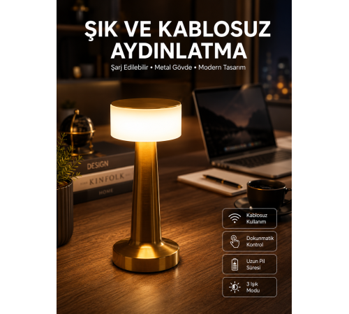 Altın Rengi Masa ve Gece Lambası Dokunmatik Şarjlı Masa Lambası