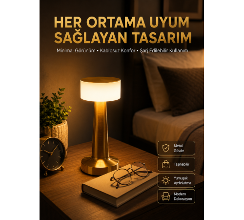 Kablosuz Renkli Masa ve Gece Lambası Altın Rengi Dokunmatik Led Lamba