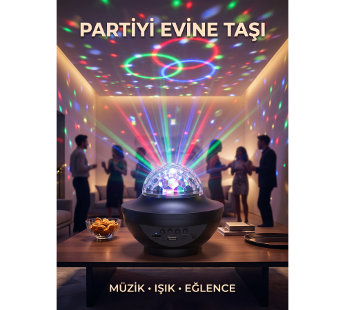 Müzikli RGB Disko Lambası Bluetooth Hoparlörlü Renkli Parti Işığı USB TF Kart Girişli