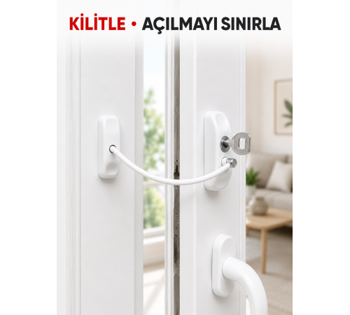 Pencere Açılma Emniyet Kilidi Beyaz Kablolu Anahtarlı Çocuk Güvenlik Aparatı