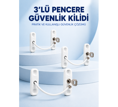 3 Adet Pencere Güvenlik Kilidi Esnek Bağlantılı Anahtarlı Koruma Seti
