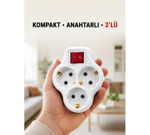 Anahtarlı 3’lü Priz Çoğaltıcı Kablosuz Duvar Tipi Topraklı Priz Çoklayıcı