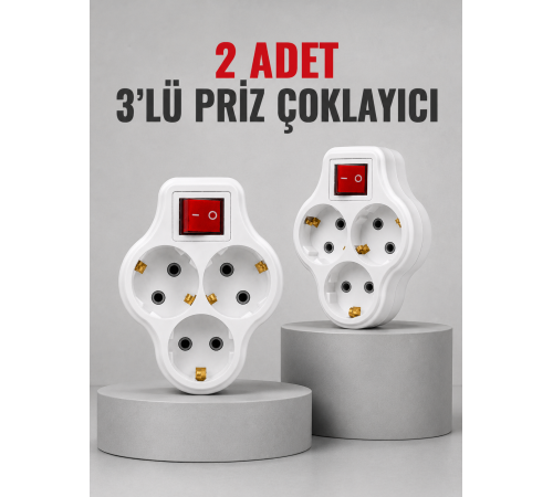 Direkt Duvar Prizine Takılan 3’lü Priz Adaptörü Anahtarlı Priz Çoklayıcı 2 Adet