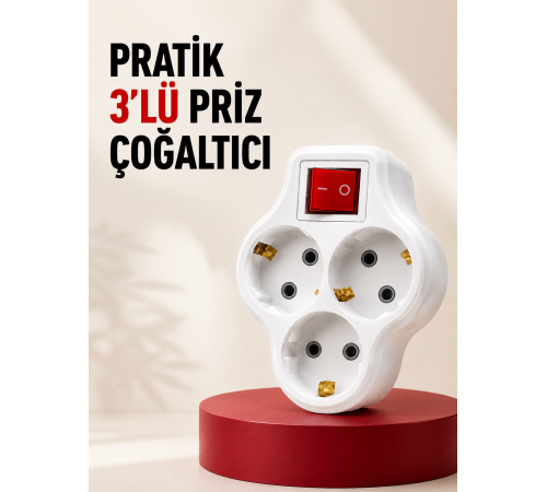 3’lü Topraklı Priz Çoklayıcı Açma Kapama Anahtarlı Direkt Prize Takılan Adaptör