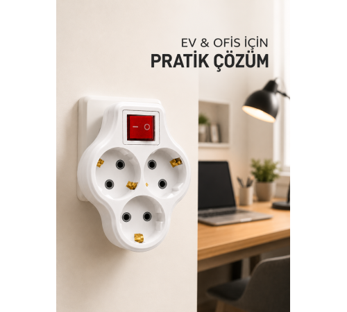 Kablosuz Priz Çoğaltıcı 3 Çıkışlı Anahtarlı Kompakt Duvar Tipi Çoklayıcı