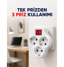 Tek Prizi 3’lü Yapan Anahtarlı Priz Adaptörü Topraklı Priz Çoğaltıcı