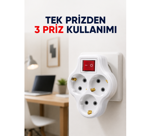 Tek Prizi 3’lü Yapan Anahtarlı Priz Adaptörü Topraklı Priz Çoğaltıcı