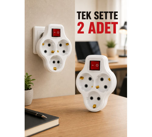 2’li Set Anahtarlı 3’lü Priz Çoğaltıcı Direkt Prize Takılan Kablosuz Çoklayıcı
