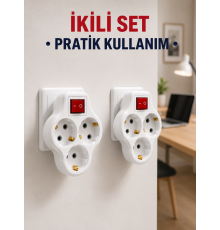 Kablosuz 3’lü Priz Çoklayıcı Açma Kapama Anahtarlı Duvar Tipi 2 Adet Set