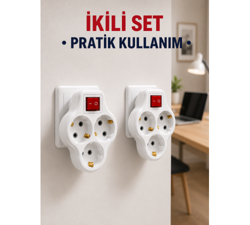 Kablosuz 3’lü Priz Çoklayıcı Açma Kapama Anahtarlı Duvar Tipi 2 Adet Set