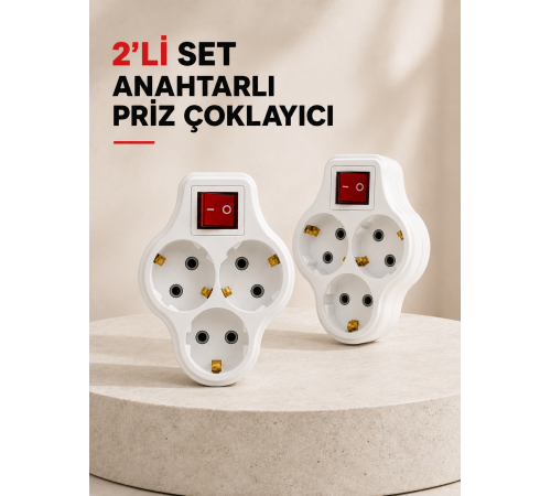 Anahtarlı 3 Çıkışlı Priz Çoğaltıcı Ev Ofis İçin Kablosuz 2’li Avantajlı Set
