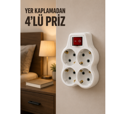 4’lü Priz Çoğaltıcı Açma Kapama Anahtarlı Kablosuz Duvar Tipi Priz Adaptörü