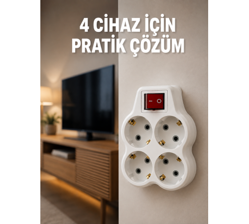 Kablosuz Duvar Tipi 4’lü Priz Çoklayıcı Anahtarlı Elektrik Priz Çoğaltıcı