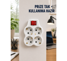 Anahtarlı 4’lü Priz Adaptörü Direkt Prize Takılan Kompakt Priz Çoklayıcı