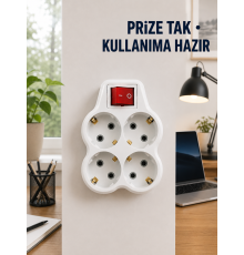 Anahtarlı 4’lü Priz Adaptörü Direkt Prize Takılan Kompakt Priz Çoklayıcı