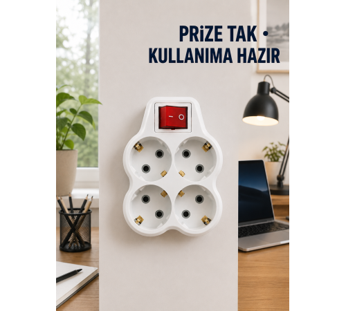 Anahtarlı 4’lü Priz Adaptörü Direkt Prize Takılan Kompakt Priz Çoklayıcı