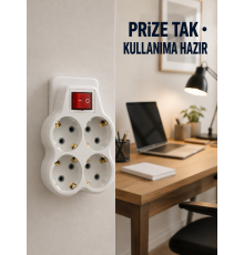 Duvar Priz Çoğaltıcı 4 Çıkışlı Açma Kapama Düğmeli Kablosuz Priz Adaptörü