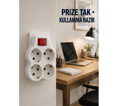 Duvar Priz Çoğaltıcı 4 Çıkışlı Açma Kapama Düğmeli Kablosuz Priz Adaptörü