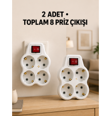 4’lü Priz Çoğaltıcı 2 Adet Set Kablosuz Duvar Tipi Anahtarlı Priz Çoklayıcı