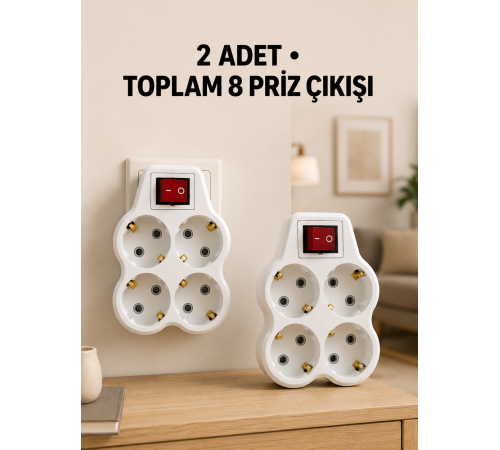 4’lü Priz Çoğaltıcı 2 Adet Set Kablosuz Duvar Tipi Anahtarlı Priz Çoklayıcı