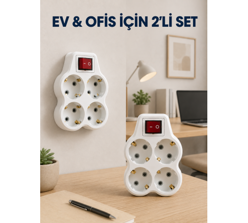 Kablosuz Duvar Tipi Priz Çoğaltıcı 4 Çıkışlı Anahtarlı 2 Adet Avantajlı Set
