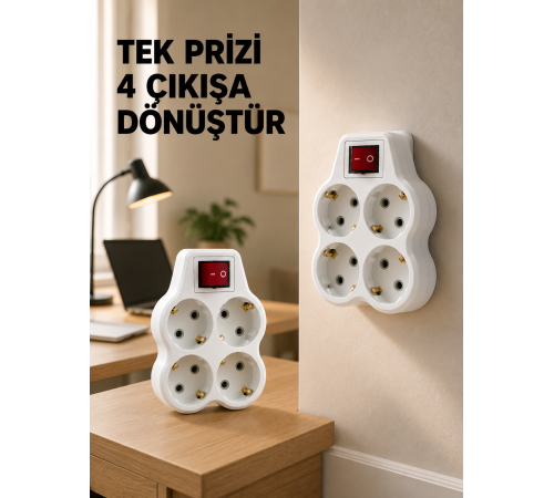 Anahtarlı 4’lü Priz Adaptörü Direkt Duvar Prizine Takılan Priz Çoklayıcı 2’li Set