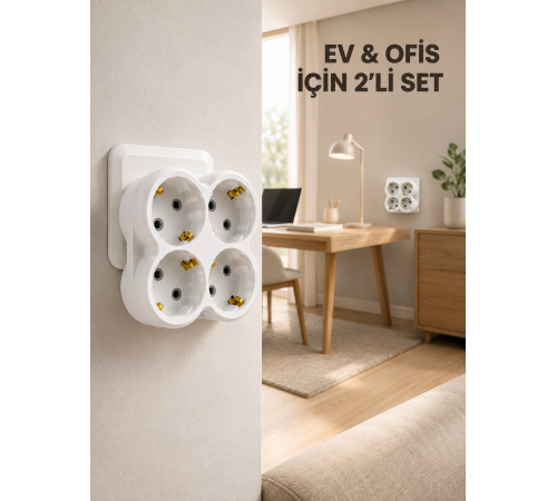2’li Set Kablosuz 4’lü Priz Çoklayıcı Direkt Duvar Prizine Takılan Adaptör