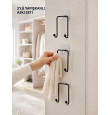 3'lü Duvar Tipi Yapışkanlı Askılık Ev ve Yaşam Alanları İçin Pratik Set