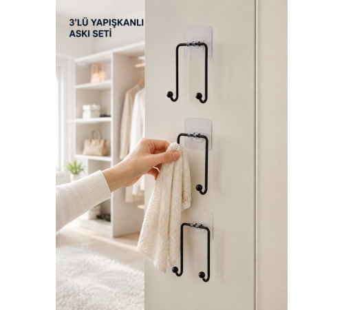 3'lü Duvar Tipi Yapışkanlı Askılık Ev ve Yaşam Alanları İçin Pratik Set