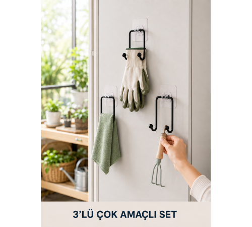 3 Adet Yapışkanlı Askılık Çok Amaçlı Ev Düzenleme Askı Seti